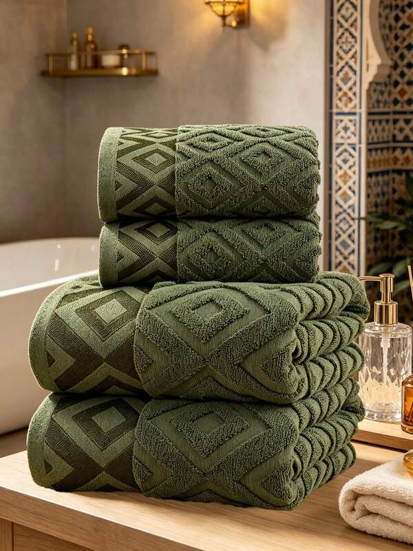 QIBHI 1/2/3pcs Optional, Pure Cotton Jacquard Diamond Pattern, Solid Color Elegant, 100% Cotton, Fabric Not Thick, European Style, Face Towel/Or Select One Bath Towel, Cotton Terry, Bathroom Towel, Suitable For Bathroom, Back To School, Travel, Home Essentials, Towel, Skin Care