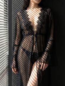 Women Black Sheer Mesh Kimono Robe Floral Lace V Back Flare Sleeve Tie Waist Maxi Loungewear - Black - View 1