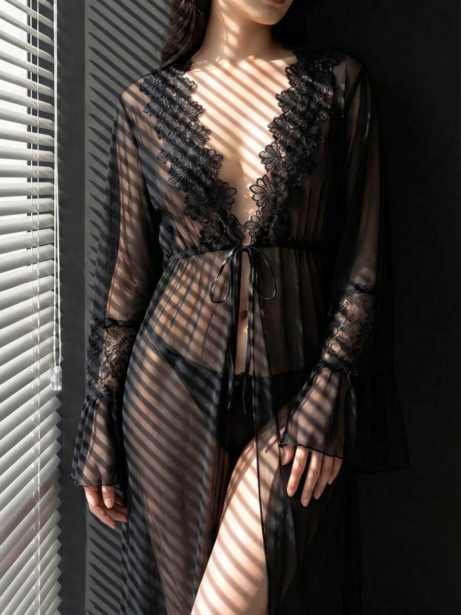 Women Black Sheer Mesh Kimono Robe Floral Lace V Back Flare Sleeve Tie Waist Maxi Loungewear - Black - View 1