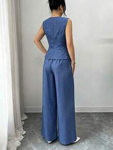 Conjunto de 2 piezas de blusa y pantalones de pierna ancha para mujer, elegante para fiestas de verano, cuello redondo con cuello oblicuo, bo - Azul - Ver 3