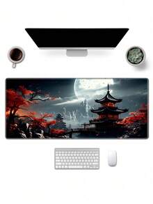 Japanese Style Full Moon Desk Mat, Black & Red Mouse Pad, Gaming Mouse Pad, Extended Keyboard Pad, Laptop Mouse & Keyboard Pad, Suitable For Desktop Decoration - View 3