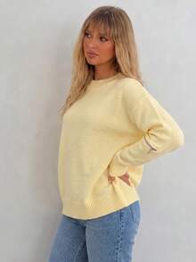 Women's Round Neck Loose Knit Sweater, Zipper Decor Long Sleeve Pullover - Yellow - View 4