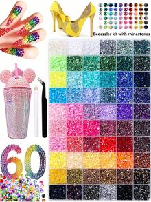 60,000pcs 60-Color Resin Jelly Rhinestone Set, 3mm Flat Back Multi-Color Diamond Flat Back Gemstones, Complete DIY Rhinestone Decoration Set With Pickup Tool, Suitable For Nail Art, Tumblers, Water Bottles, Phone Cases, High Heels, Hats, Handmade Crafts - Multicolor - View 2