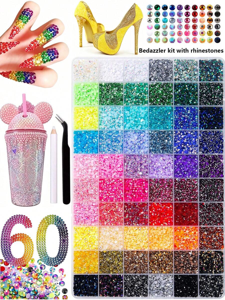 60,000pcs 60-Color Resin Jelly Rhinestone Set, 3mm Flat Back Multi-Color Diamond Flat Back Gemstones, Complete DIY Rhinestone Decoration Set With Pickup Tool, Suitable For Nail Art, Tumblers, Water Bottles, Phone Cases, High Heels, Hats, Handmade Crafts