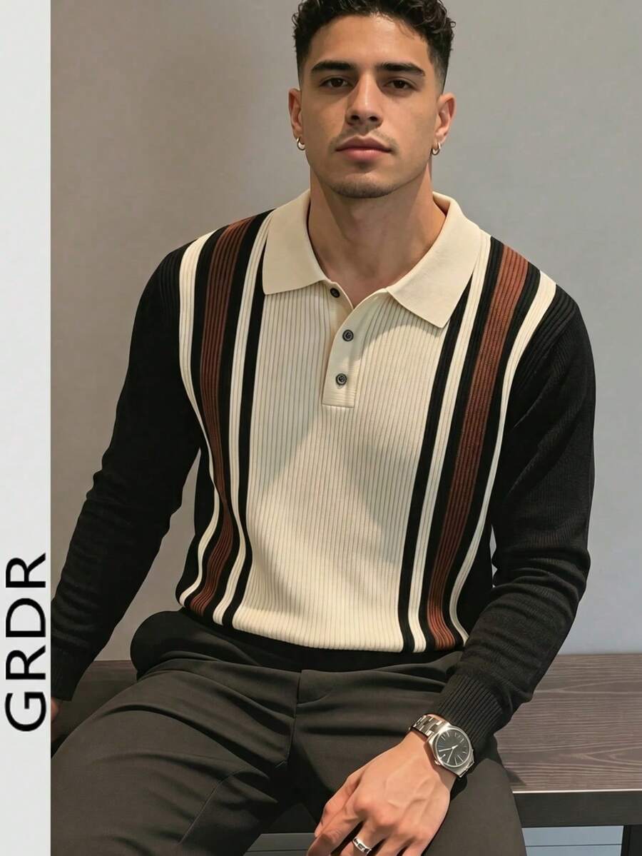 GRDR Men's Vintage Contrast Color Versatile Collared Vertical Striped Knit Long Sleeve - Casual Everyday Wear