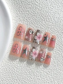10片甜美風手工穿戴式美甲，Polygel美甲套組，花朵、愛心、星星與蝴蝶結圖案，粉色與銀色指甲油，優雅風格，附美甲工具，3種尺寸可選，杏仁形、鴨嘴形、棺材形，適合派對、跳舞、日常配戴 - 彩色 - 查看 12