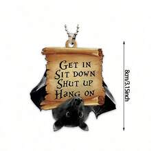 2pcs Halloween Bat Hanging Ornaments, Hanging Bat Party Decorations, Flat Acrylic Bats With "Come In Sit Down Shut Up Hold On" Text, Gothic Style Car Rearview Mirror Charms, Fireplace Wall Yard Home Decor, Halloween Decorations - Multicolor - View 3