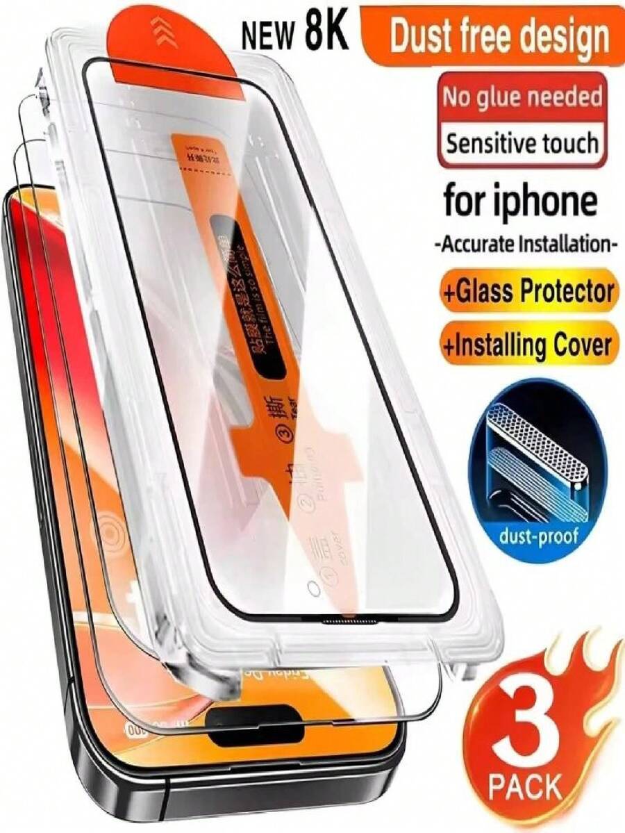3-Pack 8K Ultra HD Glossy Tempered Glass Screen Protector, Compatible With IPhone 16, 17 Pro Max, 17 Air, 16 E, 15, 14 Plus, 13, 12 Mini, 11, XR And XS Max, With One-Click Installation Tool, Easy To Install - Clear - View 1