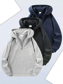 Sweatshirt Hoodie Pria Warna Polos dengan Resleting Setengah/Seperempat, Sweatshirt Pullover Lengan Panjang Beludru, Sweatshirt Pullover Tebal dengan Lapisan Hangat, Cocok untuk Musim Gugur/Musim Dingin - Light Grey - View 7
