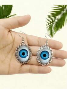 Boucles d'oreilles pendantes vintage en argent antique avec globe oculaire creux, accessoires de bijoux gothiques sorcière horreur Halloween, convient aux femmes et aux filles, style punk bizarre, cadeau - Œil bleu - Voir 2