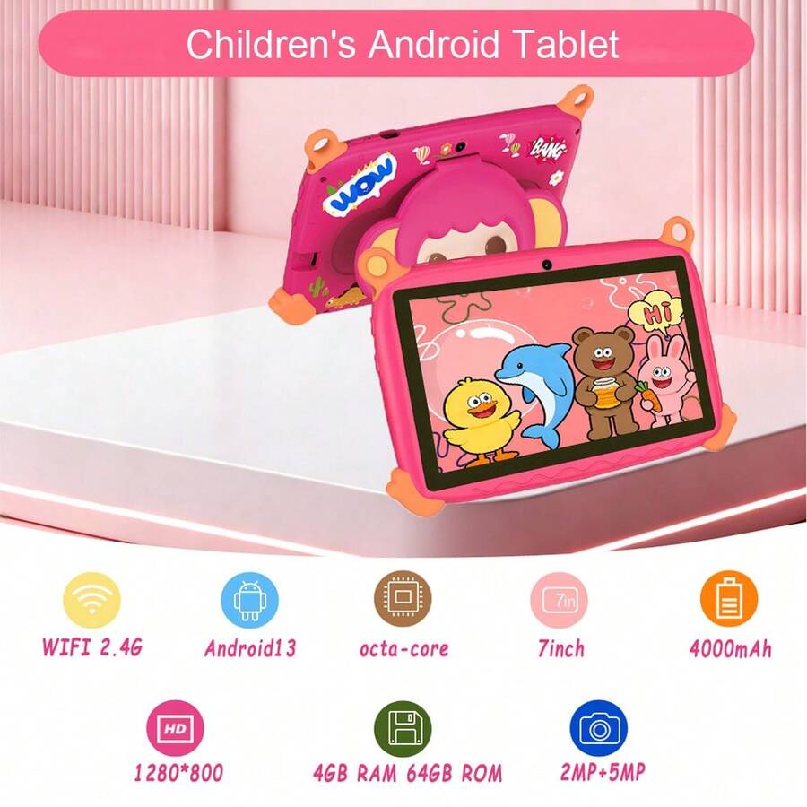 Android 13 7-tums barnsurfplatta, stöd för WIFI, föräldrakontrollsprogramvara, förinstallerade utbildningsappar, 4GB RAM 64GB ROM, sött tecknat skal, flera färger tillgängliga (strömadapter ingår ej) - Multifärgad - Visa 1