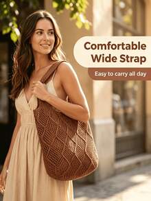 Large Capacity Hollow Knitted Tote Bag, Women's Lightweight Breathable Solid Color Woven Handbag, Suitable For Beach Travel Holiday Vacation Essentials - Brown - View 2