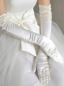1 Pair Women's Extra Long Over-Elbow Double-Row Beaded Satin Bridal Wedding Gloves, Suitable For Outfit Matching - Milky White - View 1