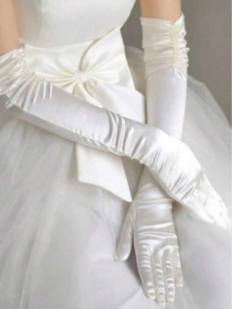 1 Pair Women's Extra Long Over-Elbow Double-Row Beaded Satin Bridal Wedding Gloves, Suitable For Outfit Matching - Milky White - View 1