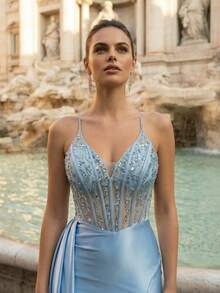Gaun Pesta Satin Biru Es Elegan Lvnes, Hiasan Berlian Imitasi di Pinggang, Tali Bahu Tipis, Belahan Tinggi, Tali Ikat Belakang, dan Punggung Terbuka - Baby Blue - View 4
