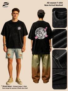 230g gewaschenes doppelseitig bedrucktes Kurzarm-Shirt, Rundhals, lockerer Schnitt, lässiges T-Shirt, weiches, leichtes, vielseitiges Basic-Oberteil für den Alltag - Schwarz - Übersicht 3