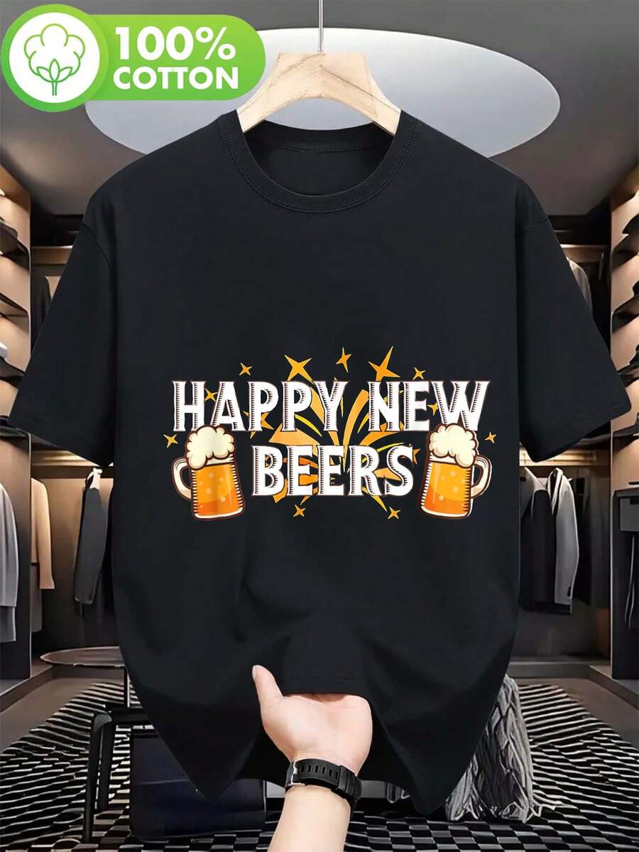Herren-Freizeitshirt Happy New Beers – Kurzarm, Baumwolle, mit festlichem Bierglas-Design – Perfekt für Silvesterpartys, Freizeitoutfits, Oktoberfest, Halloween - Schwarz - Übersicht 1