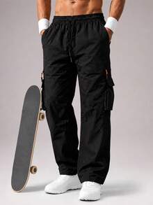 CZRLHYT Men's Multi-Pocket Cargo Pants, Casual Straight-Leg Utilitarian American Style, Ideal For Outdoor Wear - Black - View 3
