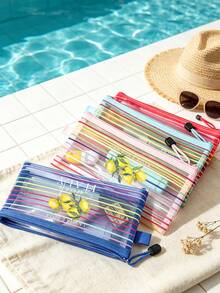 Colorful Striped Zipper Makeup Bag, Fresh Lemon "Italy" Letter Pattern Design, Transparent Mesh Makeup Bag, Foldable Storage Bag, Portable Stationery Bag, Multi-Functional Storage Bag, Travel Storage Supplies, Suitable For Travel, Beach, Holiday, Student Back To School, Office, Gift And Daily Use, Unique Party Gift, Back To School Gift, Birthday Gift, Travel Gift, Best Teacher's Day Gift - Multicolor - View 6