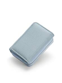 BATSIOE Solid Color Litchi Texture Women's Short Wallet, Zippered Three-Fold Mini Multi-Function Coin Purse - Blue - View 5