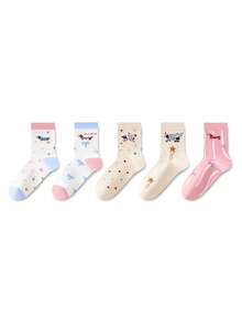 ZUJO 5 Pairs Women's Mid-Calf Socks, Star Bow Polka Dot Cartoon Puppy Pattern Short Socks, Simple And Comfortable, Suitable For Spring Autumn Winter Sports Wear - Multicolor - View 5
