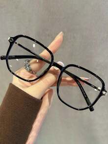 Kacamata Unisex Retro Glossy Black Oversized Polygon Frame, Dekorasi Logam, Membuat Wajah Tampak Lebih Ramping, Warna Solid, Cocok untuk Kantor dan Pemakaian Sehari-hari - Clear - View 6