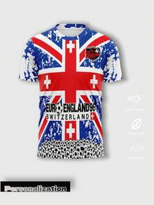 2026 英格蘭對瑞士復古做舊拼接國旗短袖足球球衣，快乾運動布料，夏季款 - 藍色 - 查看 2