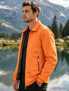 Men's Solid Orange Stand Collar Zip-Up Outdoor Jacket, Lightweight Mesh Lining, With Zippered Pockets, Suitable For Hiking, Camping, And Casual Wear. - Orange - View 2