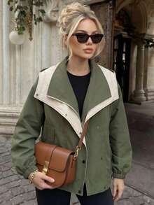 Stylish Women's Colorblock Hooded Casual Utility Jacket Coat, Autumn/Winter - Green - View 4