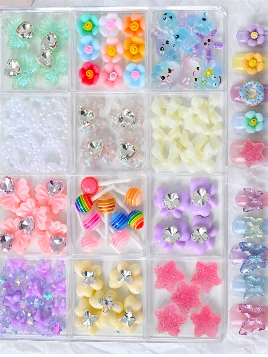 12格/盒可愛3D樹脂花朵蝴蝶結星星棒棒糖美甲飾品 混款水鑽蝴蝶與緞帶蝴蝶結美甲裝飾 DIY美甲配件 - 彩色 - 查看 1