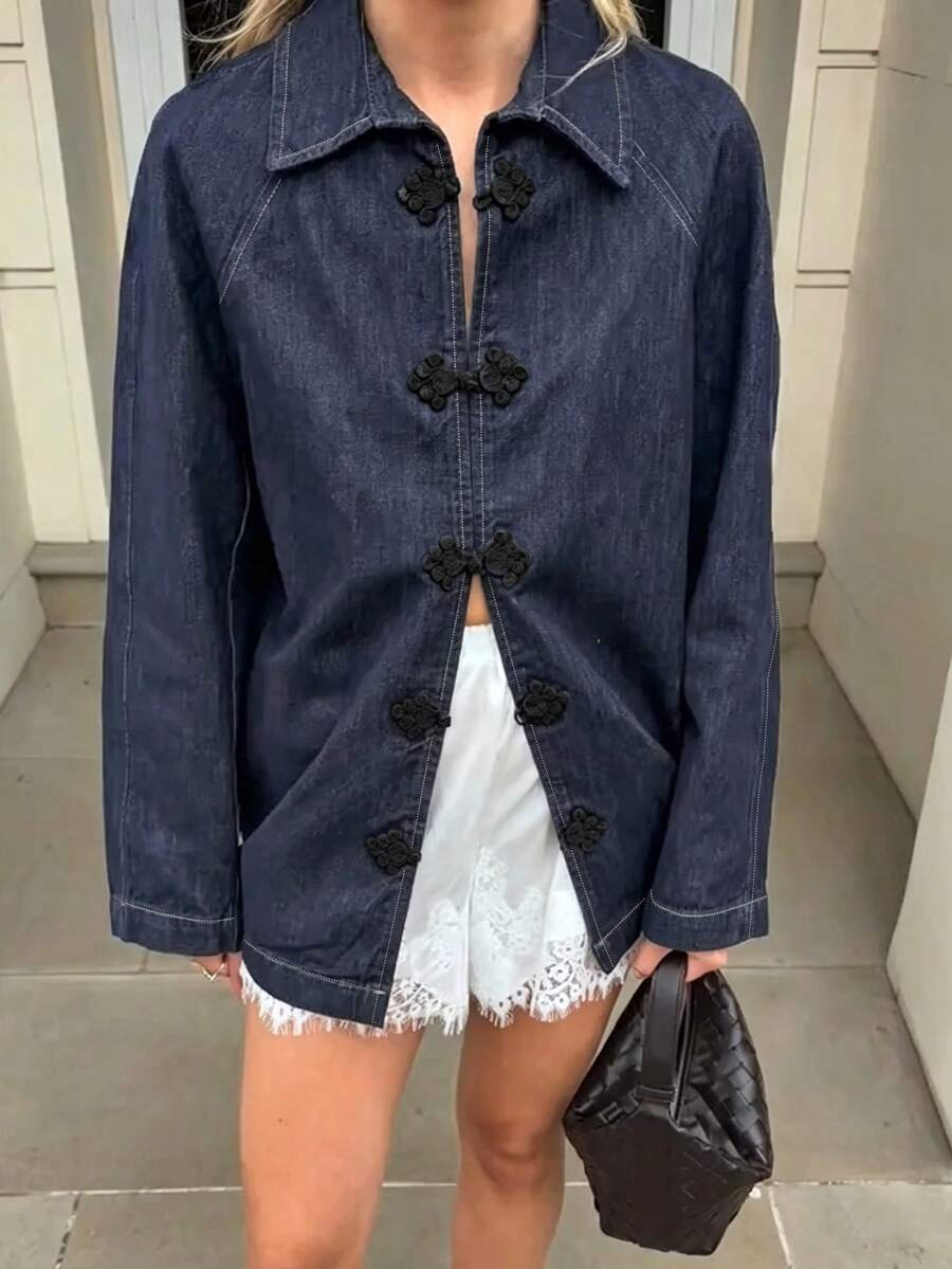 Women's Casual Vintage New Chinese Style Frog Button Long Sleeve Loose Fit Denim-Like Jacket With Pockets, Solid Color, Suitable For Commuting, Daily Wear And Dating