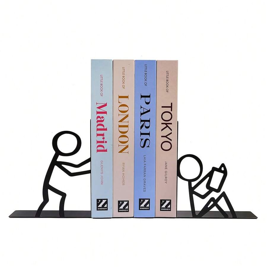 A Pair Of Creative Metal Bookends Featuring Two Matchstick Figures In Distinct Poses, Fun Silhouette Book Stoppers With Interacting Matchstick Characters, A Whimsical Gift Ideal For Book Lovers, Students And Office Workers, Perfect Presents For Birth