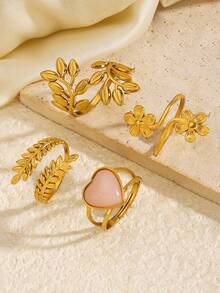 4pcs Stainless Steel 18K Gold Plated Elegant Leaf Heart Plumeria Ring Set, Suitable For Women's Daily Wear, Gift, Travel - Multicolor - View 8
