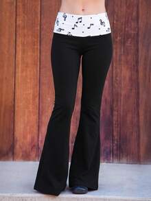 Fall Y2K Contrast Waist Flare Pants, Black Low Rise Bell Bottom Trousers With White Music Note Printed Fold Over Waistband, Slim Stretchy Casual Pants - Black - View 3