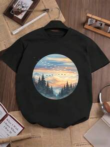 Vintage T-Shirt With Mountain Sunset Graphic, Premium Material, Crew Neck, Comfortable Fit, Unique Graphic Print - Black - View 2
