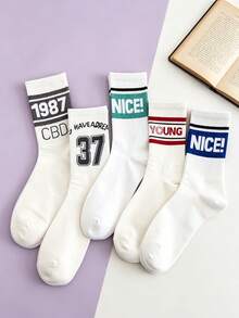 5 pares de calcetines de media caña para hombre estilo coreano con letras, estilo preppy versátil japonés - Multicolor - Ver 7