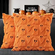 2 Stück Halloween Kissenbezüge - süße Geister dekorative Sofakissenbezüge, 45x45cm; weiche und flauschige Herbst dekorative Kissenbezüge, perfekt für Sofa, Bett und Wohnzimmer Dekoration - Orange - Übersicht 8