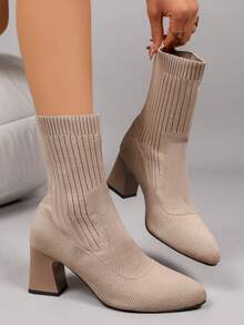Women's Ankle Boots, Khaki Slip-On Elastic Boots, Chunky Heel Commuter Work Boots, Low Heel Party Dress Boots - Khaki - View 2
