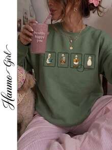 Women's Autumn/Winter New Simple Printed Casual Fashion Versatile Crew Neck Sweatshirt - Green - View 1