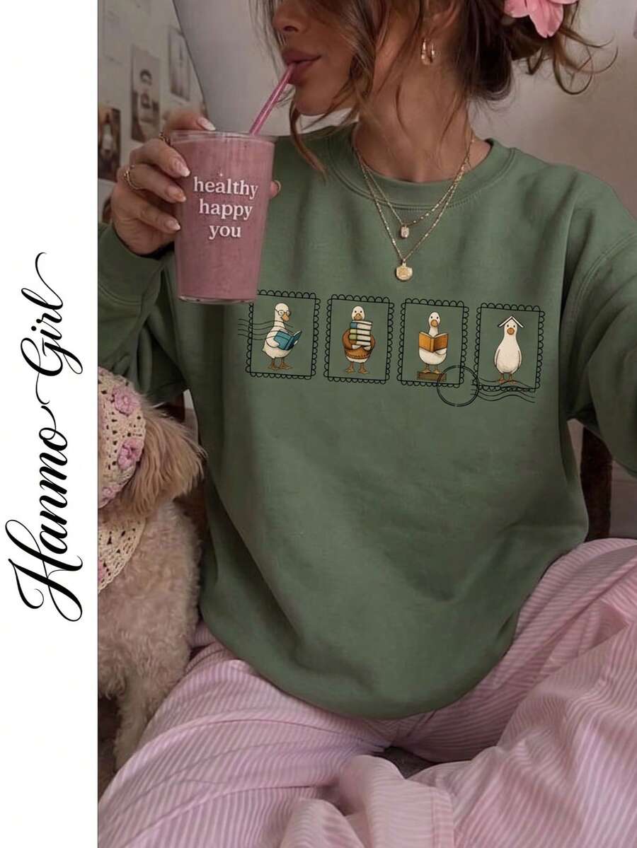 Women's Autumn/Winter New Simple Printed Casual Fashion Versatile Crew Neck Sweatshirt - Green - View 1