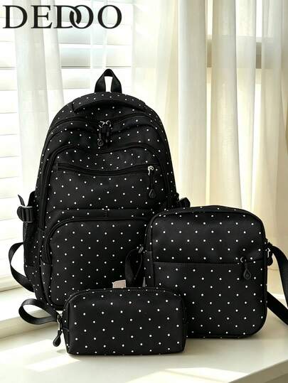 Dedoo 3Pcs Polka Dot Nylon Backpack Set, Multi Zipper Pockets Adjustable Straps Cute Student Rucksack For School Travel Daily Use