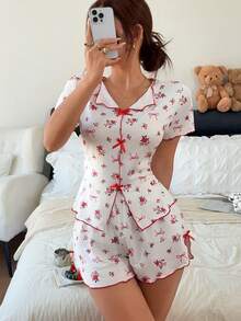 Women's Pajama Set, Lapel Short Sleeve And Slit Shorts Red Floral Bow Pajamas. Two Pieces Women's Pajama Set, Cute Pajamas. - White - View 2