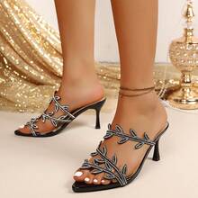 New Metal Silver Rhinestone Branch Pointed Toe Stiletto Heel Half-Slip Large Size Wide Feet Elegant Party Date Versatile High Heel Sandals - Black - View 4