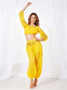 Professional Belly Dance Coin Fringe Halter Crop Top, Elastic Waist Dot Mesh Harem Pants For Dance Training, Cultural Shows And Competitions - Multicolor - View 7