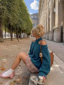 Women's Autumn/Winter Blue Criss-Cross Halter Neck Cold-Shoulder Knit Sweater, Long Sleeve Elegant French Casual Sexy Daily Wear Pullover - Blue - View 10