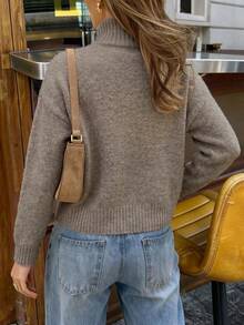 MORI Fall Winter Women Knit Tops Y2K Chic Brown Mock Neck Shoulder Button Loose Sweaters Business Casual Office Workwear Going Out Outfits - Light Khaki - View 8