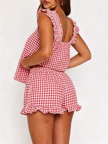 Women Summer Pajama Set Solid Flying Sleeve Tank Tops And Ruffle Shorts 2 Piece Casual Lounge Outfit - Red - View 5