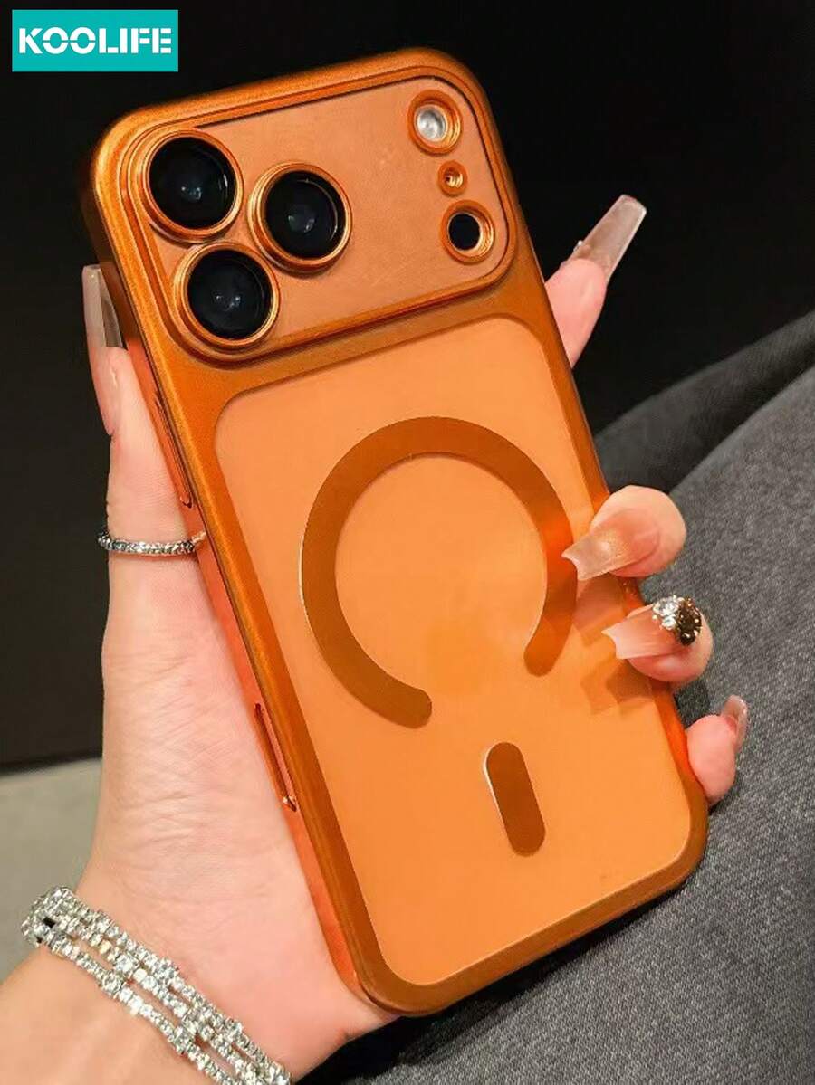 Koolife 1pc Electroplated Magnetic Phone Case, PC Hard Phone Case, Built-In Camera Lens Film, Shockproof Protective Phone Case, Suitable For IPhone 17/17 Pro/17 Pro Max - Orange - View 1