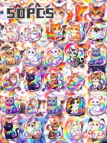 50Pcs Rainbow Cat Healing Decor Stickers, Hand-Drawn Illustrations Of Gradient Neon Cats, Rainbow Tails, Star Glitter And Cute Kittens, For Journal, Water Bottle, Luggage, Spring Picnic DIY Decor - Multicolor - View 8