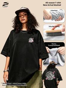 230g gewaschenes doppelseitig bedrucktes Kurzarm-Shirt, Rundhals, lockerer Schnitt, lässiges T-Shirt, weiches, leichtes, vielseitiges Basic-Oberteil für den Alltag - Schwarz - Übersicht 4